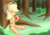 Size: 2000x1400 | Tagged: safe, artist:gloryworm, applejack, earth pony, pony, apple, applejack's hat, bush, cowboy hat, food, forest, grass, hat, holding, scenery, sitting, solo, tree