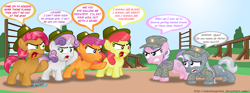 Size: 1280x474 | Tagged: safe, artist:aleximusprime, apple bloom, babs seed, diamond tiara, scootaloo, silver spoon, sweetie belle, abuse, angry, boot camp, clothes, cutie mark crusaders, dialogue, drill sergeant, glasses, hat, military uniform, push-ups, silverbuse, speech bubble, spoonabuse, sweat, text, tiara, tiarabuse, uniform