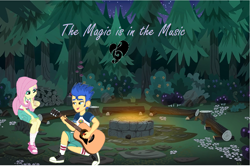 Size: 1324x880 | Tagged: safe, artist:ilovegreendeathsalot, flash sentry, fluttershy, equestria girls, legend of everfree, camp everfree outfits, campfire, converse, female, flutterflash, forest, guitar, legs, male, shipping, shoes, sneakers, straight, tree stump
