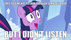 Size: 400x225 | Tagged: safe, derpibooru import, screencap, twilight sparkle, the crystal empire, exploitable meme, i didn't listen, image macro, meme