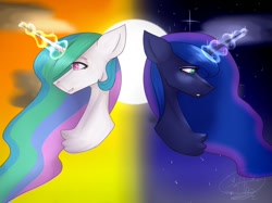 Size: 1024x766 | Tagged: safe, artist:amyszek, princess celestia, princess luna, alicorn, pony, bust, chest fluff, duo, ethereal mane, eyebrows visible through hair, female, floppy ears, glowing horn, horn, lidded eyes, mare, missing accessory, redraw, royal sisters, sidemouth, smiling