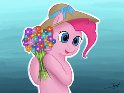 Size: 2691x2018 | Tagged: safe, artist:derpyjoel, pinkie pie, earth pony, pony, digital art, flower, hat, painting, seasons, solo, spring