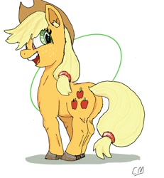 Size: 1108x1200 | Tagged: safe, artist:charlemage, artist:jimmyjamno1, applejack, earth pony, pony, apple pony, ear fluff, female, hooves, looking back, mare, open mouth, plot, simple background, smiling, solo, white background