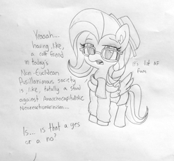 Size: 1486x1377 | Tagged: safe, artist:tjpones, fluttershy, pegasus, pony, fake it 'til you make it, clothes, female, glasses, hipstershy, lineart, monochrome, simple background, sketch, solo, traditional art