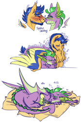 Size: 1340x2011 | Tagged: safe, artist:eqq_scremble, derpibooru exclusive, flash sentry, spike, dragon, hybrid, pegasus, pony, alternate design, crack shipping, egg, eqqverse, fire, fire breath, floating wings, gay, magical gay spawn, male, nesting instinct, next generation, offspring, parent:flash sentry, parent:spike, parents:spikesentry, pillow, ring, shipping, simple background, sleeping, spikesentry, stallion, sweat, tired, wing hold, winged spike