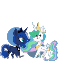 Size: 900x1200 | Tagged: safe, artist:blurry-kun, princess celestia, princess luna, alicorn, pony, chibi, duo, female, looking at each other, mare, profile, royal sisters, siblings, simple background, sisters, transparent background