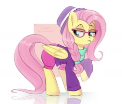 Size: 1500x1286 | Tagged: safe, artist:shmel, fluttershy, pegasus, pony, fake it 'til you make it, alternate hairstyle, clothes, female, glasses, hipstershy, hot pants, mare, simple background, solo, white background