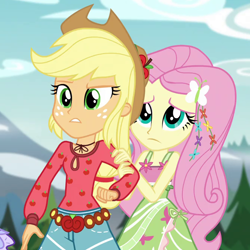 Size: 666x666 | Tagged: safe, screencap, applejack, fluttershy, equestria girls, legend of everfree, camp fashion show outfit, clothes, cowboy hat, cropped, flower, flower in hair, hat, mountain, sleeveless, tanktop, tree