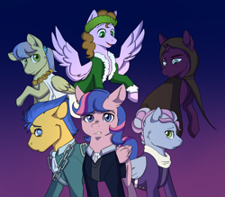 Size: 1532x1340 | Tagged: safe, artist:snail-duck, flash sentry, tempest shadow, oc, oc:confetti surprise, oc:galaxy guard, oc:sentinel shield, oc:turquoise edge, pegasus, pony, a christmas carol, kindverse, offspring, parent:cheese sandwich, parent:flash sentry, parent:junebug, parent:limestone pie, parent:pinkie pie, parent:spearhead, parent:twilight sparkle, parent:zephyr breeze, parents:cheesepie, parents:flashlight, parents:zephyrstone