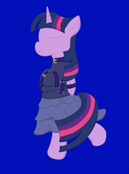 Size: 949x1280 | Tagged: safe, artist:minty candy, derpibooru import, twilight sparkle, twilight sparkle (alicorn), alicorn, pony, bipedal, bondage, bound wings, clothes, dancing, dress, eyes closed, female, mare, skirt, solo, straitjacket, straps