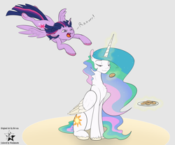 Size: 4500x3750 | Tagged: safe, artist:bri-sta, artist:wodahseht, princess celestia, twilight sparkle, twilight sparkle (alicorn), alicorn, pony, behaving like a cat, chest fluff, colored hooves, cookie, cute, cutie mark, duo, flying, food, glowing horn, multicolored mane, open mouth, pounce, purple eyes, smiling, smirk, smuglestia, spread wings, this will not end well, twiabetes, underhoof, wings