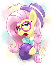 Size: 1000x1250 | Tagged: safe, artist:joakaha, fluttershy, pegasus, pony, fake it 'til you make it, clothes, dialogue, glasses, gradient background, hipster, hipstershy, open mouth, scarf, signature, solo