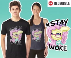 Size: 2480x2000 | Tagged: safe, artist:partylikeanartist, fluttershy, human, pegasus, pony, fake it 'til you make it, advertisement, clothes, design, glasses, hashtag, hat, high res, hipster, hipster glasses, hipstershy, oh god, redbubble, scarf, shameless advertising, shirt, shirt design, solo, sticker, tanktop, text, why, woke