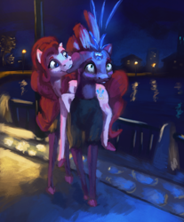 Size: 3000x3628 | Tagged: safe, artist:terrafomer, fizzlepop berrytwist, pinkie pie, tempest shadow, earth pony, pony, my little pony: the movie, ear bite, female, lesbian, magic, shipping, tempestpie