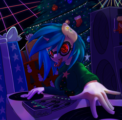 Size: 3500x3450 | Tagged: safe, artist:futaku, dj pon-3, vinyl scratch, anthro, candy cane, christmas, christmas tree, clothes, high res, my little hoe hoe hoe, present, solo, speakers, sweater, tongue out, tree, turntable