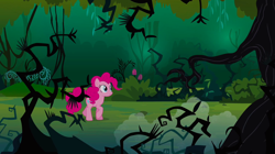 Size: 1280x719 | Tagged: safe, screencap, pinkie pie, earth pony, pony, too many pinkie pies, brambles, everfree forest, female, forest, mare, smiling, solo, walking