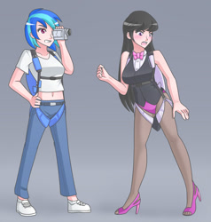 Size: 1280x1347 | Tagged: safe, artist:jonfawkes, dj pon-3, octavia melody, vinyl scratch, human, background human, belly button, clothes, costume, embarrassed, high heels, humanized, leotard, midriff, octavia is not amused, parachute, stockings, unamused, video camera