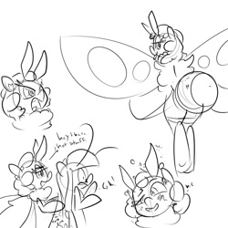 Size: 960x960 | Tagged: safe, artist:whydomenhavenipples, oc, oc only, oc:caramel, oc:meisa, mothpony, original species, dialogue, drunk, monochrome, moth pony general, sketch, sketch dump