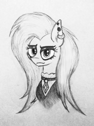 Size: 2448x3264 | Tagged: safe, artist:insanus.ad, fluttershy, ghost, pegasus, pony, fake it 'til you make it, black and white, dark, ear piercing, earring, eyeshadow, fluttergoth, goth, grayscale, jewelry, makeup, metal, metalhead, monochrome, necklace, outfit, piercing, solo