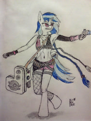 Size: 1024x1365 | Tagged: safe, artist:blueboxdave, dj pon-3, vinyl scratch, anthro, cosplay, dubstep gun, jinx (league of legends), saints row, saints row iv, traditional art