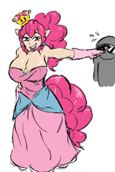 Size: 1280x1920 | Tagged: safe, artist:poneboning, pinkie pie, oc, oc:anon, human, 30 minute art challenge, armpits, big breasts, breasts, clothes, dress, elf ears, evening gloves, female, gloves, huge breasts, humanized, long gloves, pinkie pies, simple background, solo, super crown, tailed humanization, white background