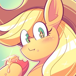 Size: 1200x1200 | Tagged: safe, artist:berryverrine, applejack, earth pony, pony, apple, cute, eating, food, jackabetes, mugshot, solo, starry eyes, wingding eyes