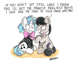 Size: 1889x1512 | Tagged: safe, artist:bobthedalek, dj pon-3, octavia melody, vinyl scratch, earth pony, pony, unicorn, bowtie, clothes, duo, suit, traditional art