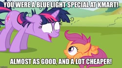 Size: 888x499 | Tagged: safe, derpibooru import, screencap, scootaloo, twilight sparkle, unicorn twilight, pegasus, pony, unicorn, lesson zero, calvin and hobbes, duo, female, filly, image macro, kmart, mare, meme, twilight snapple