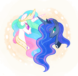 Size: 500x488 | Tagged: safe, artist:mn27, princess celestia, princess luna, alicorn, pony, abstract background, bust, crown, duo, female, jewelry, mare, no pupils, peytral, portrait, profile, regalia, royal sisters, siblings, sisters