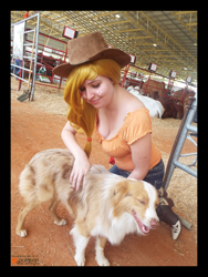 Size: 1728x2304 | Tagged: safe, artist:krazykari, applejack, winona, border collie, dog, human, cattle, clothes, cosplay, costume, irl, irl human, photo