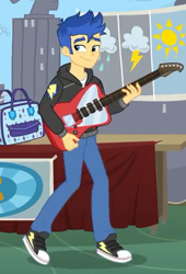 Size: 368x540 | Tagged: safe, screencap, flash sentry, best trends forever, better together, equestria girls, bag, clothes, converse, cropped, electric guitar, guitar, hoodie, implied rarity, male, pants, shoes, smiling, sneakers