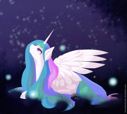 Size: 1000x900 | Tagged: safe, artist:wintershibe, princess celestia, alicorn, firefly (insect), pony, cute, cutelestia, female, looking up, mare, night, profile, prone, sky, solo, starry night, stars