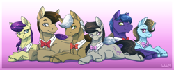 Size: 1280x516 | Tagged: safe, artist:inuhoshi-to-darkpen, beauty brass, concerto, frederic horseshoepin, octavia melody, parish nandermane, symphony, earth pony, pony, backwards cutie mark, bowtie, fluffy, musician, prone, smiling, unshorn fetlocks