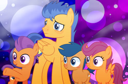 Size: 1024x671 | Tagged: safe, artist:leanne264, first base, flash sentry, scootaloo, tender taps, earth pony, pegasus, pony, adorabase, base used, colt, cute, cutealoo, diasentres, female, filly, male, orange bros, orange siblings, stallion, tenderbetes