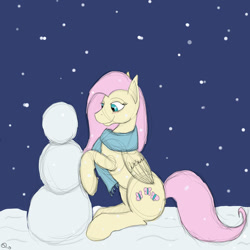 Size: 800x800 | Tagged: safe, artist:sydfreak2, fluttershy, pegasus, pony, clothes, cutie mark, female, mare, night, scarf, smiling, snow, snowman, solo