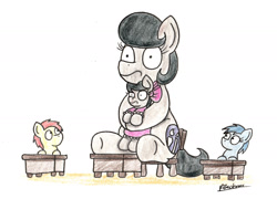 Size: 1865x1346 | Tagged: safe, artist:bobthedalek, octavia melody, oc, oc:mixed melody, oc:octavia's mother, earth pony, pony, chair, clothes, deep mothering, desk, dress, mothers gonna mother, overprotective, traditional art