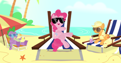 Size: 3545x1860 | Tagged: safe, artist:porygon2z, applejack, pinkie pie, spike, dragon, earth pony, pony, beach, chillaxing, drink, female, glass, glasses, lounge chair, male, mare, ocean, palm tree, starfish, sunglasses, tree, water