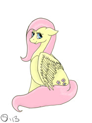 Size: 500x667 | Tagged: safe, artist:sydfreak2, fluttershy, pegasus, pony, female, looking at you, mare, one wing out, simple background, solo, white background