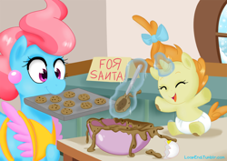 Size: 1000x707 | Tagged: safe, artist:pijinpyon, cup cake, pumpkin cake, apron, baking, bow, christmas, clothes, cookie, cookie dough, cooking, cute, diaper, food, kitchen, magic, messy, pumpkinbetes, spoon, table, weapons-grade cute