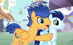 Size: 736x461 | Tagged: safe, artist:sapphireartemis, flash sentry, soarin', pony, underhoof