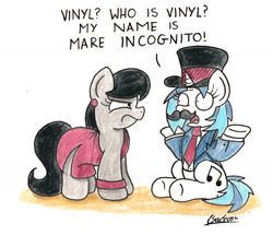 Size: 1610x1384 | Tagged: safe, artist:bobthedalek, dj pon-3, octavia melody, vinyl scratch, earth pony, pony, unicorn, clothes, dress, guy incognito, hat, moustache, paper-thin disguise, seems legit, suit, the simpsons, top hat, traditional art