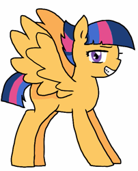 Size: 463x573 | Tagged: safe, artist:mieuun, oc, oc only, oc:starburst, pegasus, pony, grin, kilalaverse, looking at you, missing cutie mark, offspring, parent:flash sentry, parent:twilight sparkle, parents:flashlight, simple background, smiling, smirk, solo, spread wings, white background