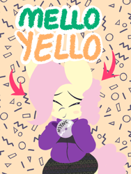 Size: 600x800 | Tagged: safe, artist:dragonpone, derpibooru exclusive, fluttershy, pegasus, pony, '90s, blush sticker, blushing, cd, clothes, cute, eyes closed, female, hoodie, mare, mello yello, nsync, skirt, smiling, solo