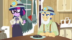 Size: 1280x720 | Tagged: safe, screencap, flash sentry, sci-twi, twilight sparkle, better together, equestria girls, opening night, clothes, costume, cropped, fake beard, female, helmet, mining helmet, sci-twi is not amused, twilight is not amused, unamused