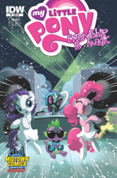 Size: 659x1000 | Tagged: artist needed, safe, idw, dj pon-3, fluttershy, pinkie pie, rarity, spike, vinyl scratch, dragon, earth pony, pegasus, pony, unicorn, spoiler:comic, clothes, cover, dress, gangnam style, official comic