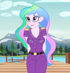 Size: 960x1000 | Tagged: safe, edit, edited screencap, editor:ah96, screencap, princess celestia, principal celestia, equestria girls, legend of everfree, arm behind back, blushing, breast edit, breasts, cleavage, cropped, female, lake, mountain, pier, princess breastia, solo