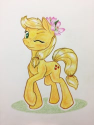 Size: 1024x1365 | Tagged: safe, artist:grokostimpy, applejack, earth pony, pony, female, flower, flower in hair, hatless, looking at you, mare, missing accessory, one eye closed, raised hoof, smiling, solo, traditional art, wink