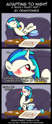 Size: 850x2020 | Tagged: safe, artist:drawponies, artist:terminuslucis, dj pon-3, vinyl scratch, pony, unicorn, comic:adapting to night, comic:adapting to night: a deadly feast, a deadly feast, blood pack, cheese, comic, food