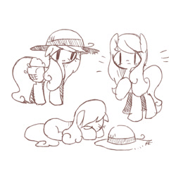 Size: 1400x1400 | Tagged: safe, artist:wasu, carrot top, golden harvest, earth pony, pony, basket, cute, cutie top, eyes closed, female, floppy ears, hat, looking down, mare, monochrome, pixiv, prone, sad, saddle bag, sadorable, simple background, sketch, solo, surprised, white background, wide eyes