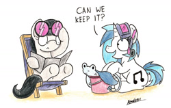 Size: 2014x1270 | Tagged: safe, artist:bobthedalek, dj pon-3, octavia melody, vinyl scratch, earth pony, manta ray, pony, stingray, unicorn, beach, bucket, deck chair, goggles, signature, snorkel, swimming goggles, traditional art